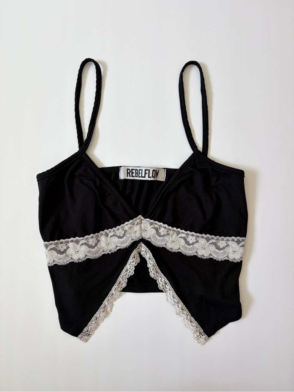 Black Lace-Trim Front-Split Crop Camisole